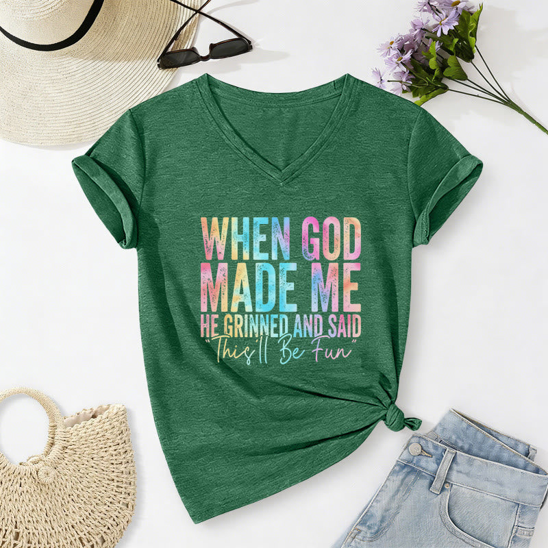 Christianartworkshop "When God Made Me" Colorful Gradient Casual V-neck T-shirt - Dark Green - 2XL - image 18