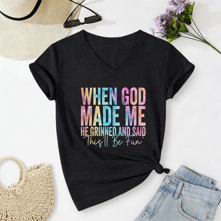 Christianartworkshop "When God Made Me" Colorful Gradient Casual V-neck T-shirt - Black - 2XL - image 4