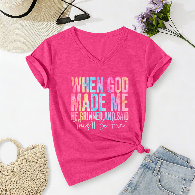 Christianartworkshop "When God Made Me" Colorful Gradient Casual V-neck T-shirt - Rose - 2XL - image 24