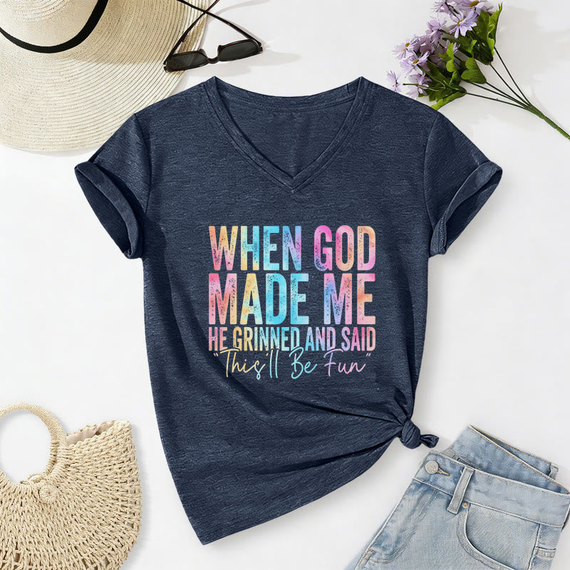 Christianartworkshop "When God Made Me" Colorful Gradient Casual V-neck T-shirt - Navy Blue - 2XL - image 0