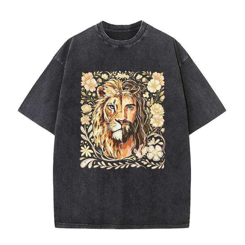 Christianartworkshop Lion of Judah Floral Faith Statement Washed Unisex T-Shirt - Black - 5XL - image 2