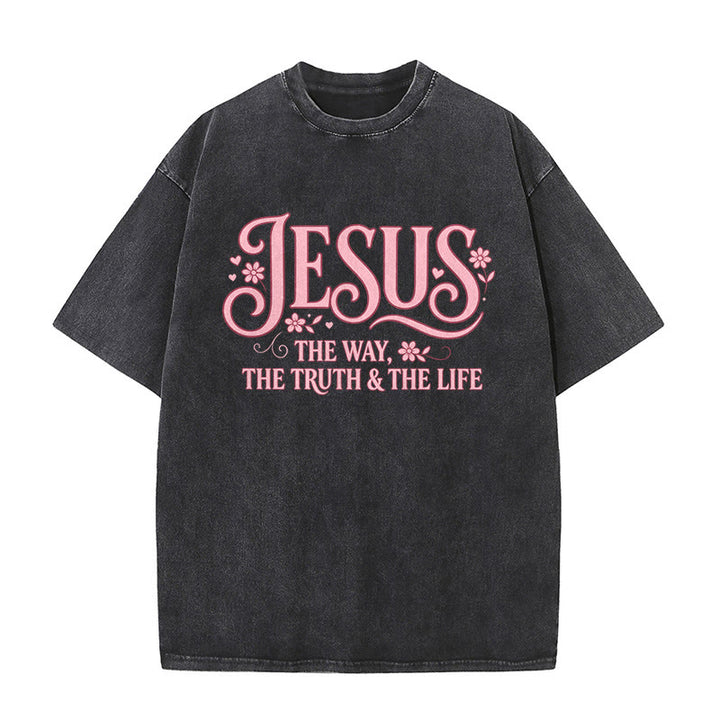 Christianartworkshop Decorative Floral "Jesus The Way The Truth & The Life" Washed Unisex T-Shirt - Black - 5XL - image 3