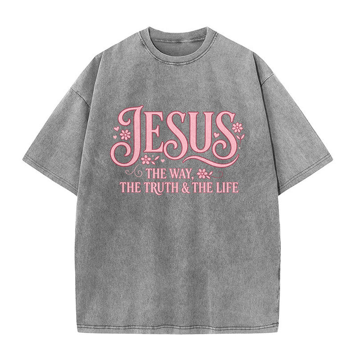Christianartworkshop Decorative Floral "Jesus The Way The Truth & The Life" Washed Unisex T-Shirt - Grey - 5XL - image 9