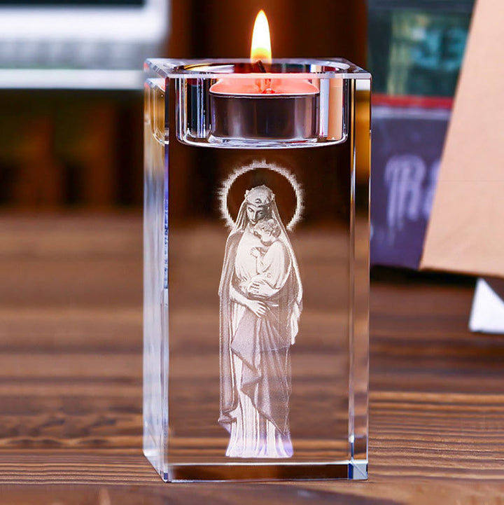 Christianartworkshop Luminous Tealight Compatible Inner Engraved Holy Figure Crystal Holder: A Symbol of Peaceful Prayer Atmosphere - Madonna and Child A - 1.97''*1.97''*3.94''/5*5*10cm - image 5