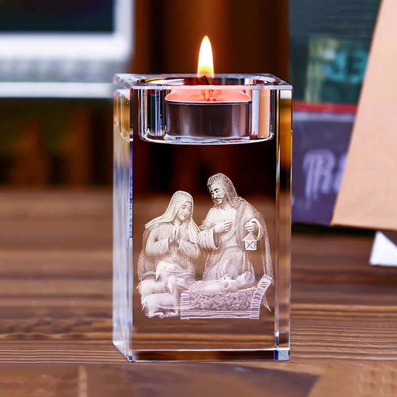 Christianartworkshop Luminous Tealight Compatible Inner Engraved Holy Figure Crystal Holder: A Symbol of Peaceful Prayer Atmosphere - Nativity Scene A - 1.97''*1.97''*3.94''/5*5*10cm - image 2