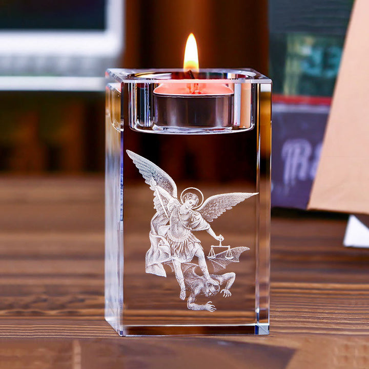 Christianartworkshop Luminous Tealight Compatible Inner Engraved Holy Figure Crystal Holder: A Symbol of Peaceful Prayer Atmosphere - St.Michael - 1.97''*1.97''*3.94''/5*5*10cm - image 4