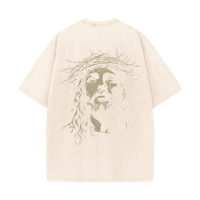 Christianartworkshop Cross with Crown of Thorns Detail Washed Unisex T-Shirt - image 6