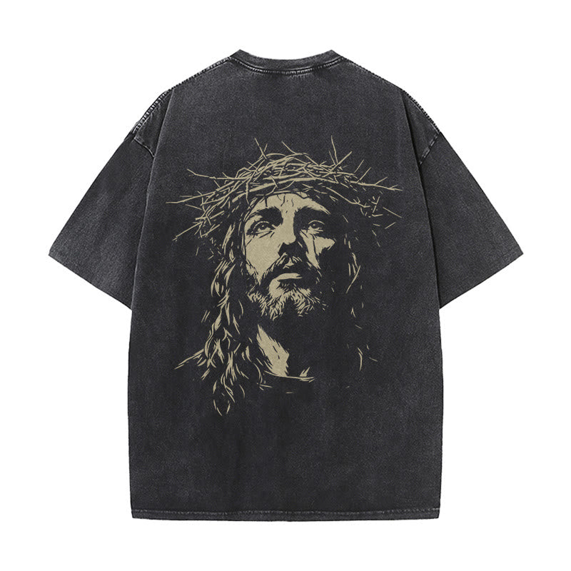 Christianartworkshop Cross with Crown of Thorns Detail Washed Unisex T-Shirt - image 3