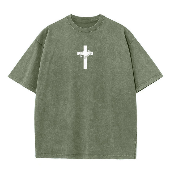 Christianartworkshop Cross with Crown of Thorns Detail Washed Unisex T-Shirt - image 10