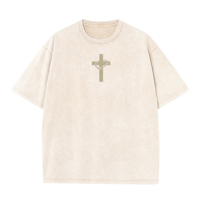 Christianartworkshop Cross with Crown of Thorns Detail Washed Unisex T-Shirt - image 7