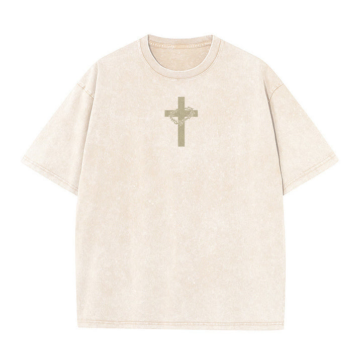 Christianartworkshop Cross with Crown of Thorns Detail Washed Unisex T-Shirt - image 7