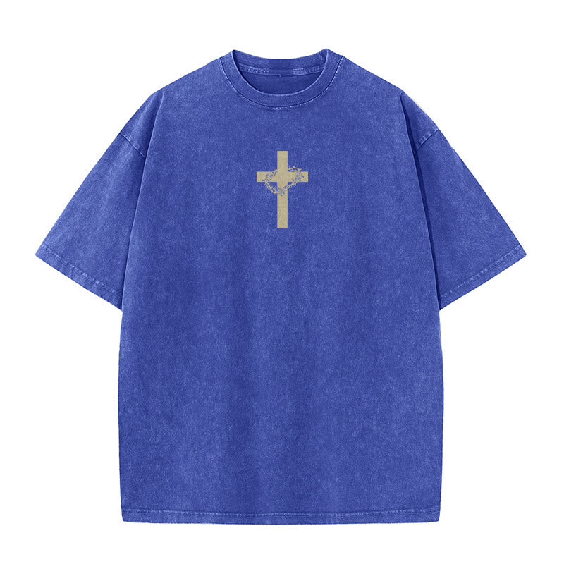 Christianartworkshop Cross with Crown of Thorns Detail Washed Unisex T-Shirt - image 25