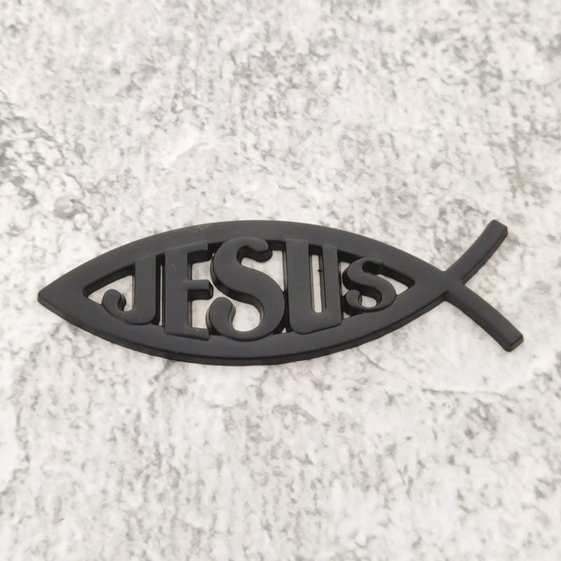 Christianartworkshop Ichthys Fish Shape JESUS Embossed Car Sticker: A Symbol of Abiding Faith & Divine Safeguard - Black - image 3