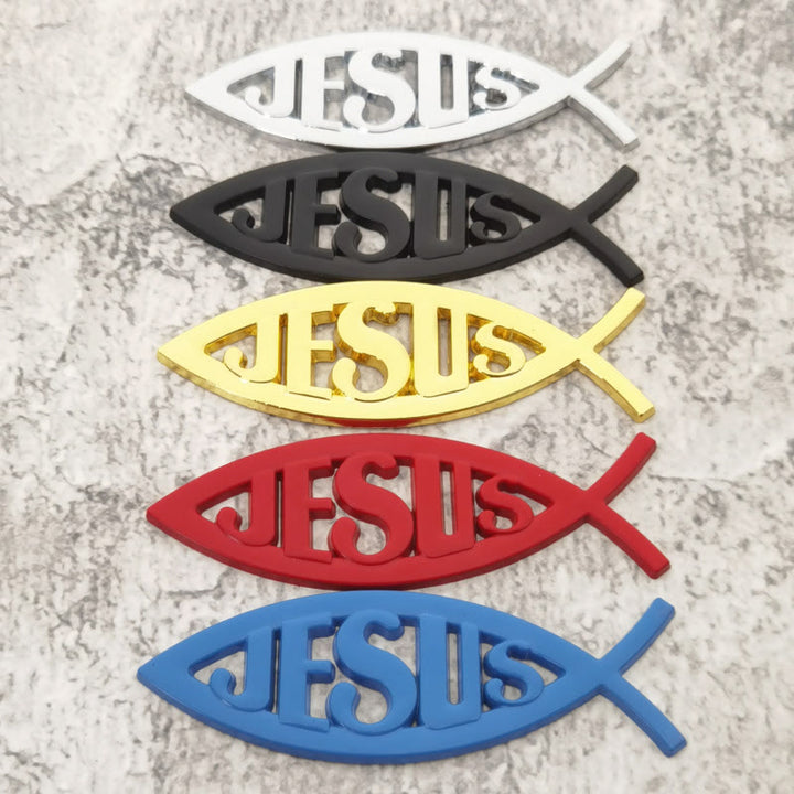 Christianartworkshop Ichthys Fish Shape JESUS Embossed Car Sticker: A Symbol of Abiding Faith & Divine Safeguard - Set of 5 Colors - image 0