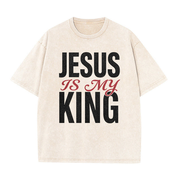 Christianartworkshop "Jesus Is My King" Casual Believer Washed Unisex T-Shirt - Beige - 5XL - image 2
