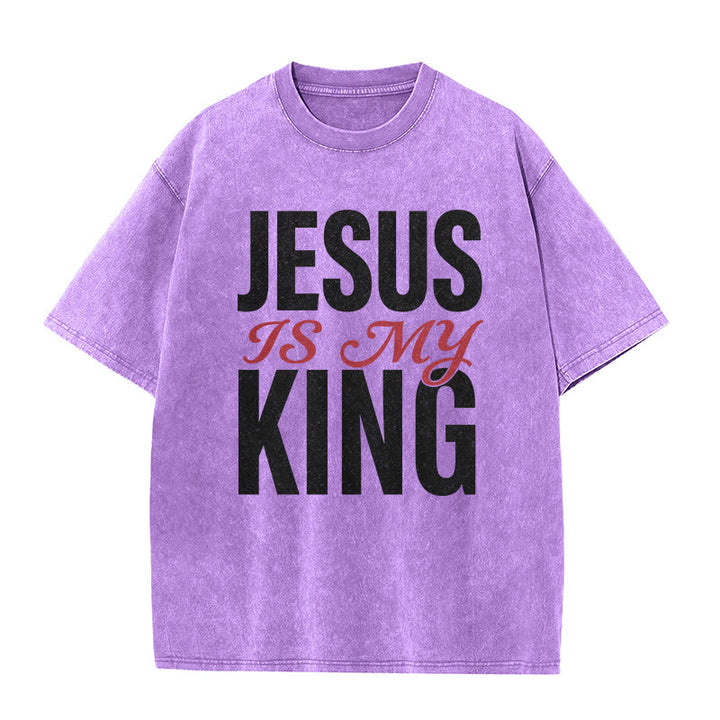 Christianartworkshop "Jesus Is My King" Casual Believer Washed Unisex T-Shirt - Purple - 5XL - image 8