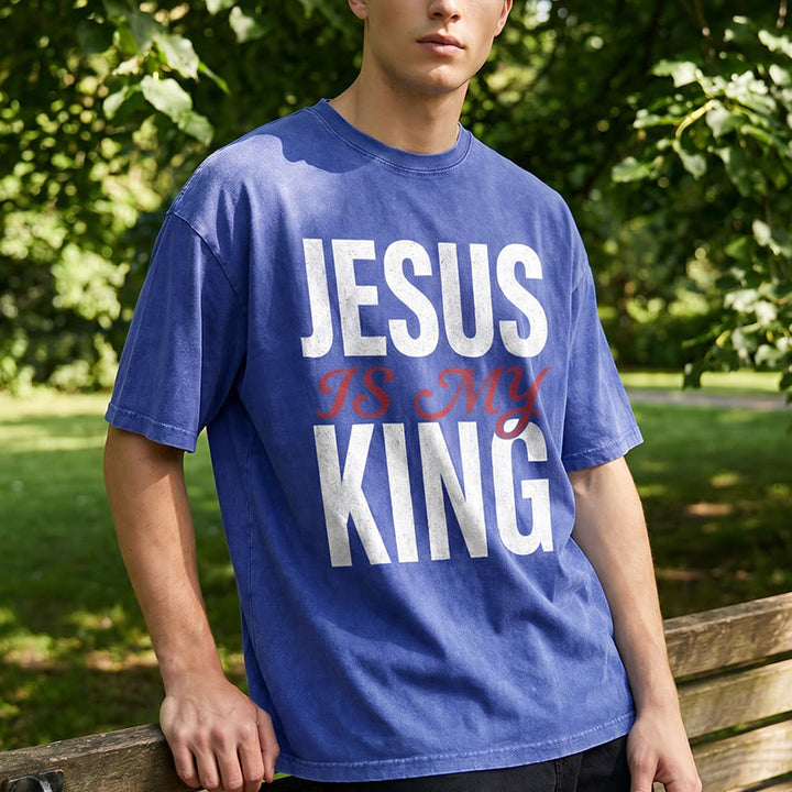 Christianartworkshop "Jesus Is My King" Casual Believer Washed Unisex T-Shirt - image 0