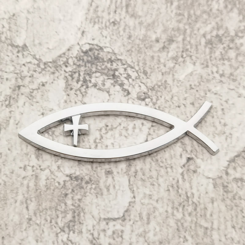 Christianartworkshop Ichthys Hollow Fish Frame Inset Cross Car Sticker: A Symbol of Steadfast Faith & Journey Protection - Silver - image 4