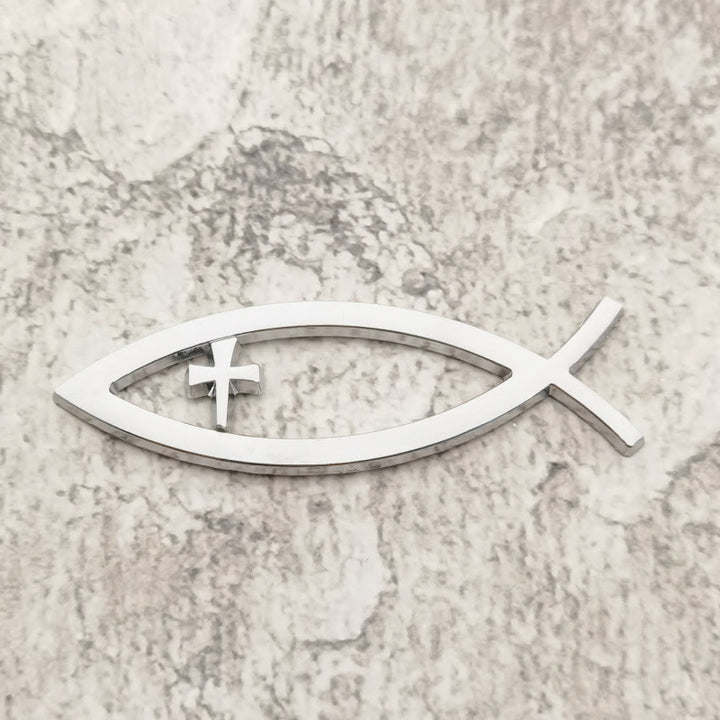 Christianartworkshop Ichthys Hollow Fish Frame Inset Cross Car Sticker: A Symbol of Steadfast Faith & Journey Protection - Silver - image 4