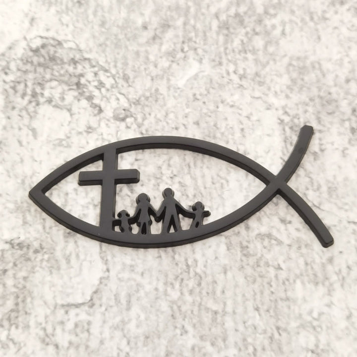 Christianartworkshop Ichthys Hollow Fish Car Sticker with Cross & Family Silhouette: A Symbol of Family Blessing & Divine Shelter - Black - image 3