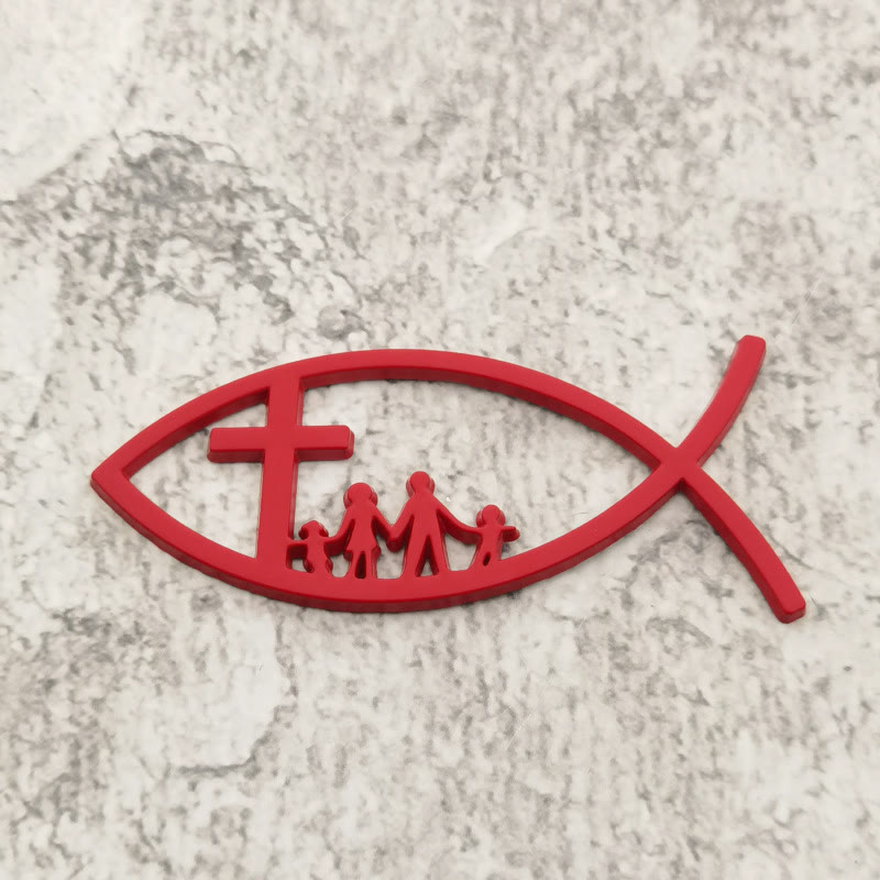 Christianartworkshop Ichthys Hollow Fish Car Sticker with Cross & Family Silhouette: A Symbol of Family Blessing & Divine Shelter - Red - image 5