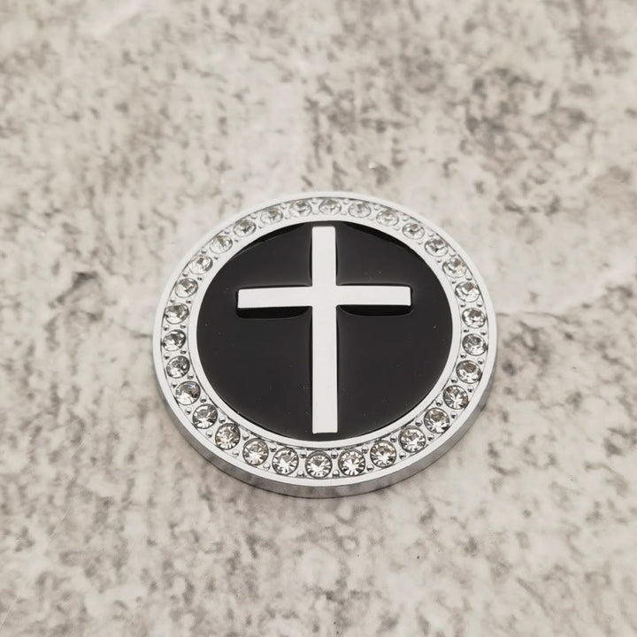 Christianartworkshop Rhinestone Rim Circular Raised Cross Car Sticker: A Symbol of Divine Grace & All-Round Journey Protection - Silver & Black - image 4