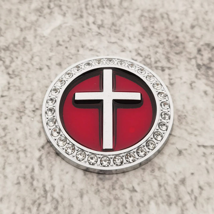Christianartworkshop Rhinestone Rim Circular Raised Cross Car Sticker: A Symbol of Divine Grace & All-Round Journey Protection - Silver & Red - image 5