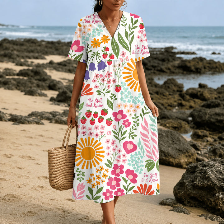 Christianartworkshop "Be Still And Know" Floral & Sun Print V-Neck Short Sleeve Midi Dress - 4XL - image 0