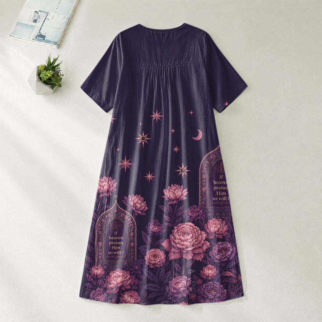 Christianartworkshop "If Heaven Praises Him" Peony Celestial V-Neck Short Sleeve Midi Dress - image 3