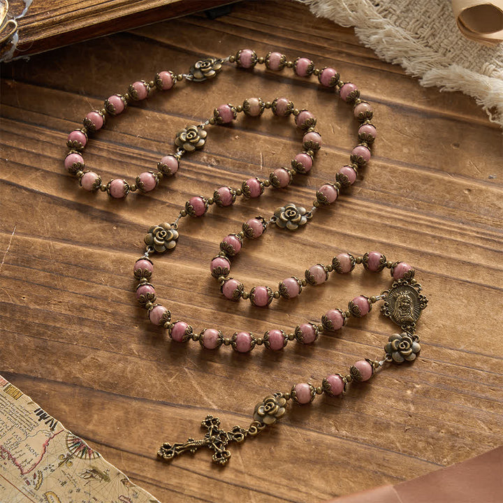 Christianartworkshop Natural Rhodochrosite Rosary with Antique Bronze Rose Floral Accents - image 3