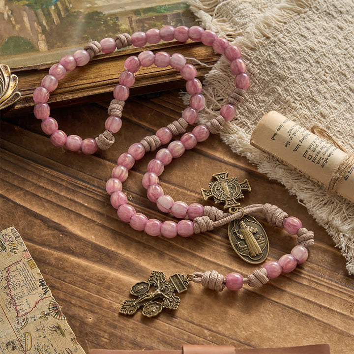 Christianartworkshop Blush Pink Paracord Rosary with Antique Bronze St. Benedict - St. Benedict & Crucifix - image 0