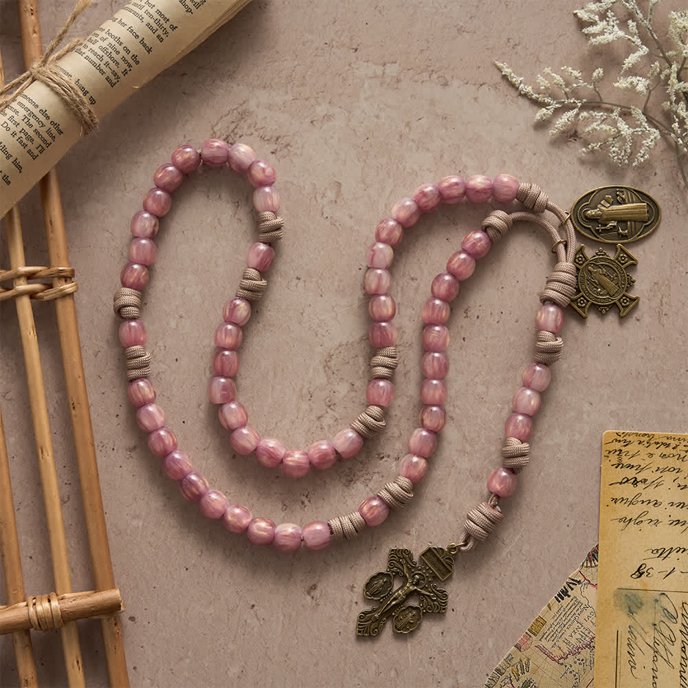 Christianartworkshop Blush Pink Paracord Rosary with Antique Bronze St. Benedict - image 4