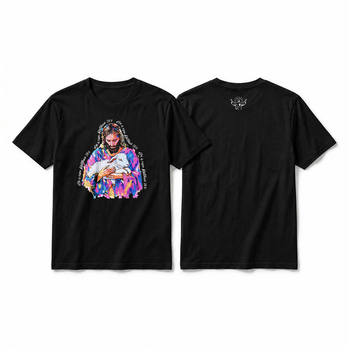 Christianartworkshop "He is Risen Matthew 28:6" Jesus and the Lamb Premium Short Sleeve T-Shirt - Black - 2XL - image 7