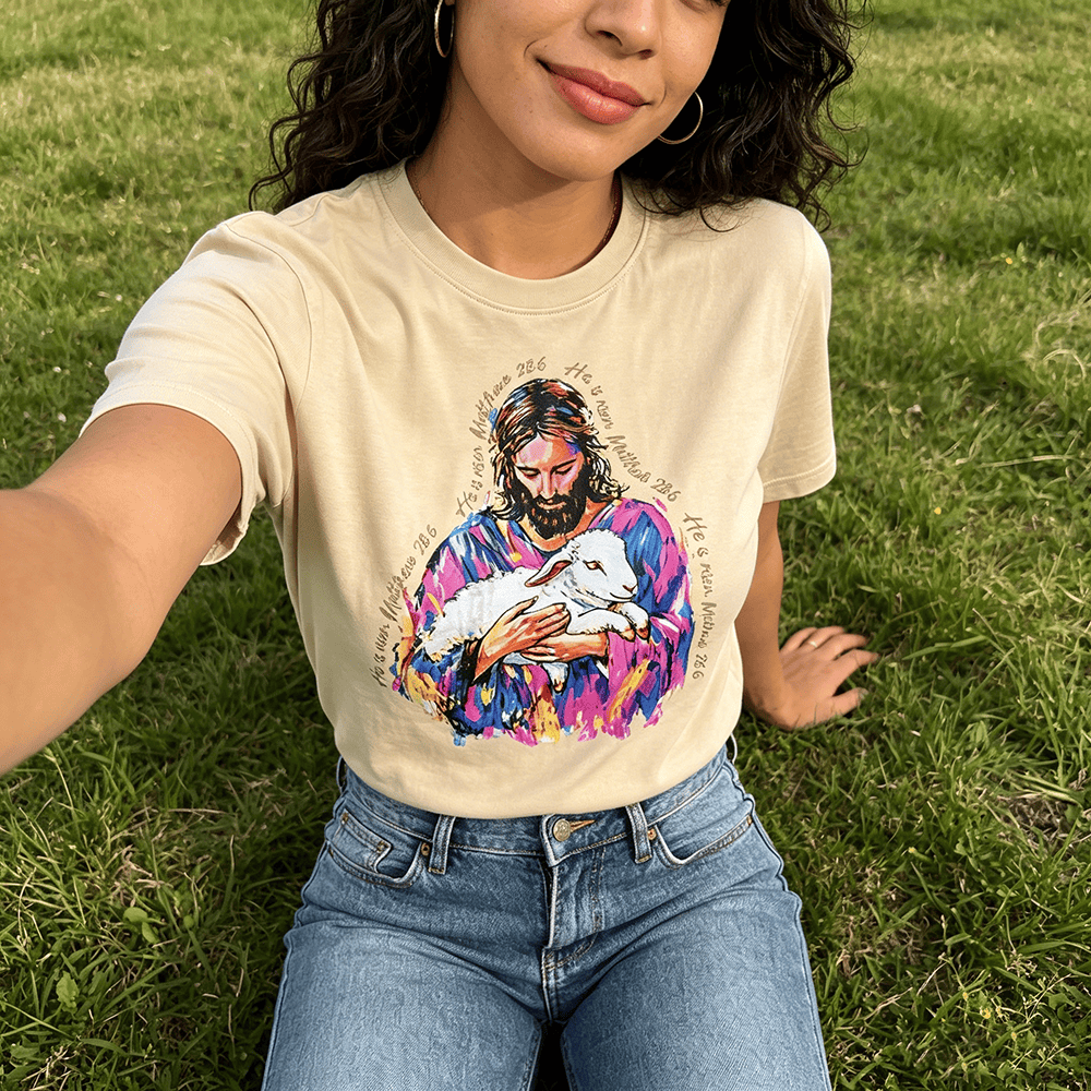 Christianartworkshop "He is Risen Matthew 28:6" Jesus and the Lamb Premium Short Sleeve T-Shirt - image 0