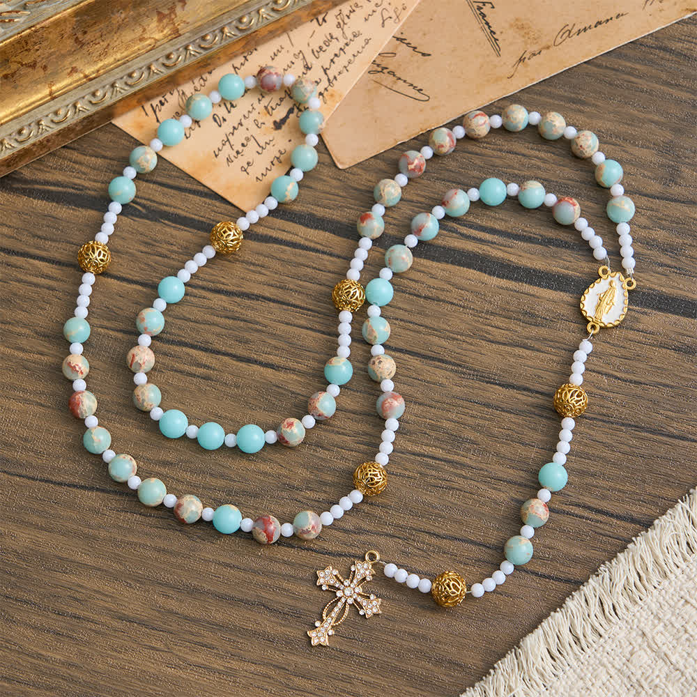 Christianartworkshop Soft Aqua Shoushan Stone Rosary: Our Lady Marian Devotion - Our Lady & Cross - image 0