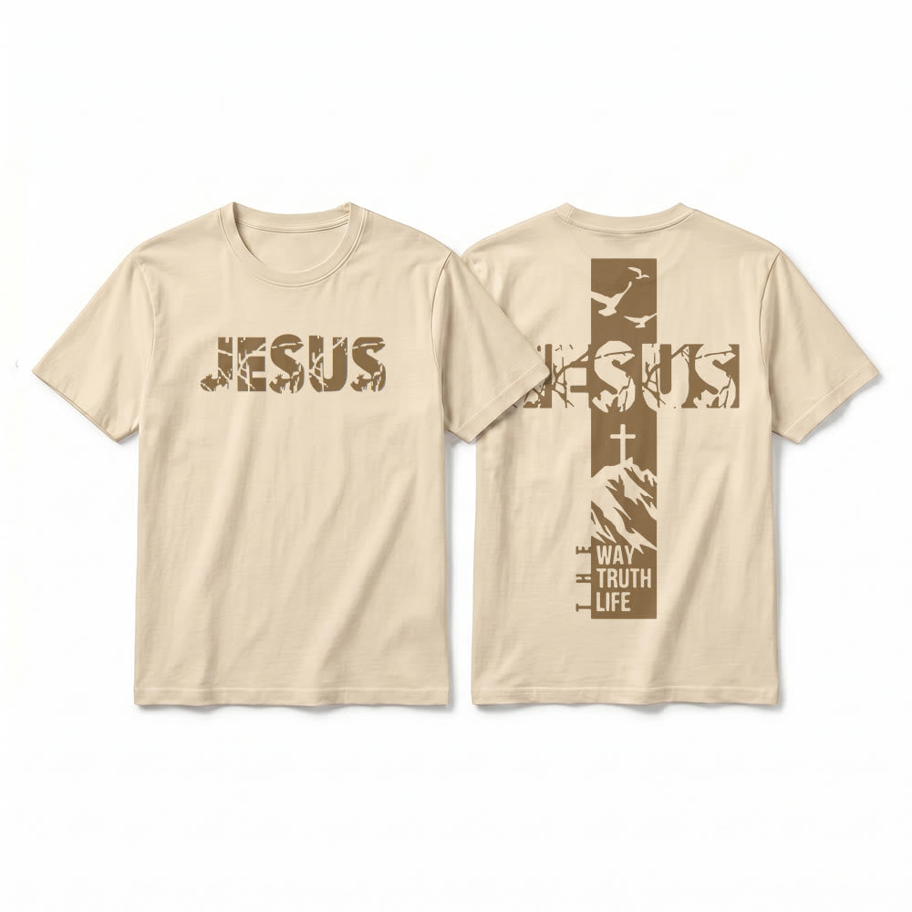 Christianartworkshop "JESUS" Mountain Cross Premium Short Sleeve T-Shirt - Beige - 2XL - image 1