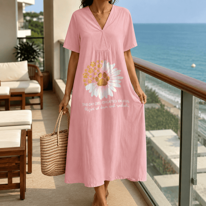 Christianartworkshop "The Day God Created Dogs" Daisy & Paw Print V-Neck Short Sleeve Midi Dress - image 0
