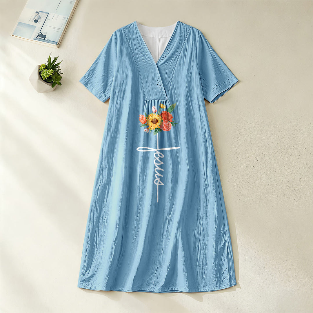 Christianartworkshop Jesus Script Cross & Sunflower Floral V-Neck Short Sleeve Midi Dress - Blue - 4XL - image 2