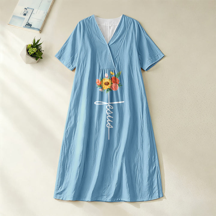 Christianartworkshop Jesus Script Cross & Sunflower Floral V-Neck Short Sleeve Midi Dress - Blue - 4XL - image 2