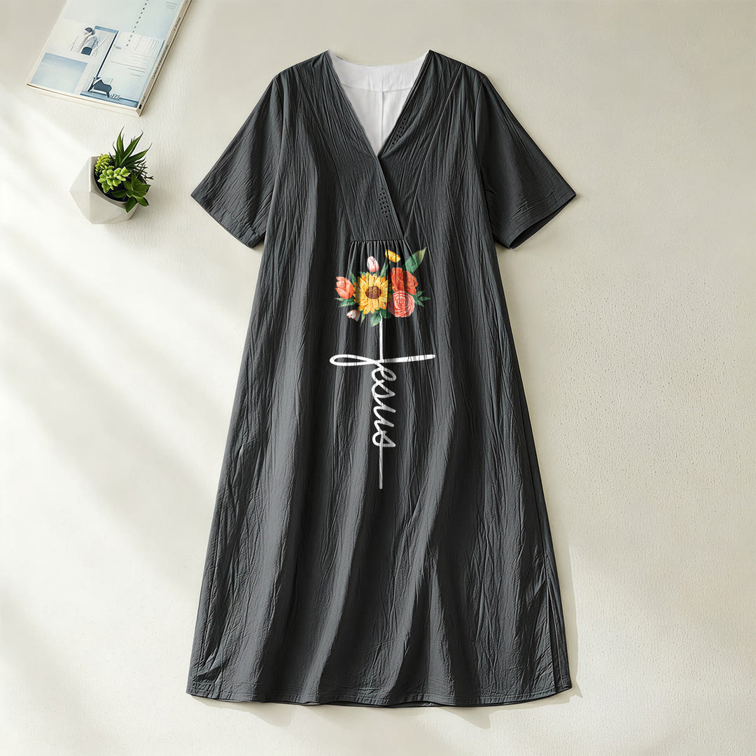 Christianartworkshop Jesus Script Cross & Sunflower Floral V-Neck Short Sleeve Midi Dress - Black - 4XL - image 0