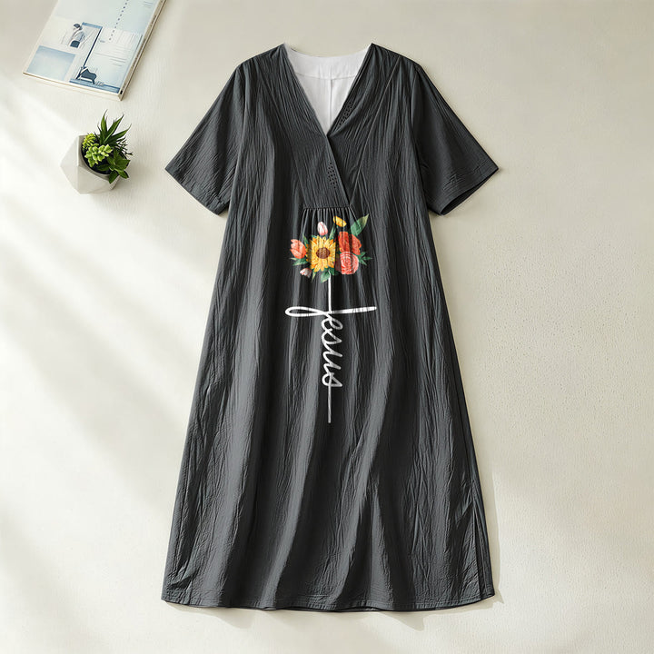 Christianartworkshop Jesus Script Cross & Sunflower Floral V-Neck Short Sleeve Midi Dress - Black - 4XL - image 0
