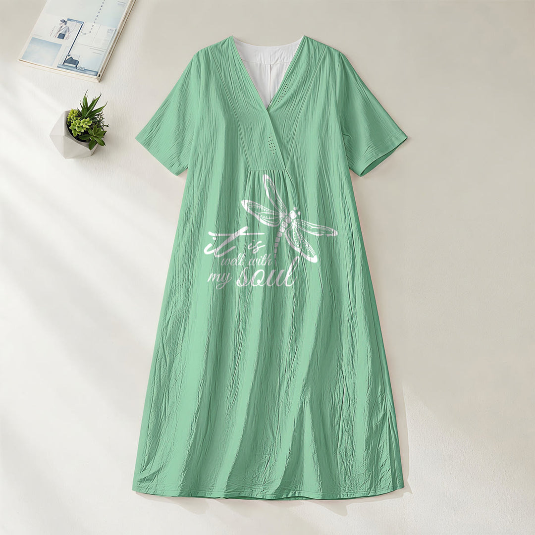 Christianartworkshop Summer Beach Faith Verse Dragonfly V-Neck Short Sleeve Midi Dress - Green - 4XL - image 0