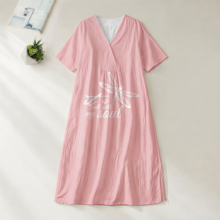 Christianartworkshop Summer Beach Faith Verse Dragonfly V-Neck Short Sleeve Midi Dress - Pink - 4XL - image 8