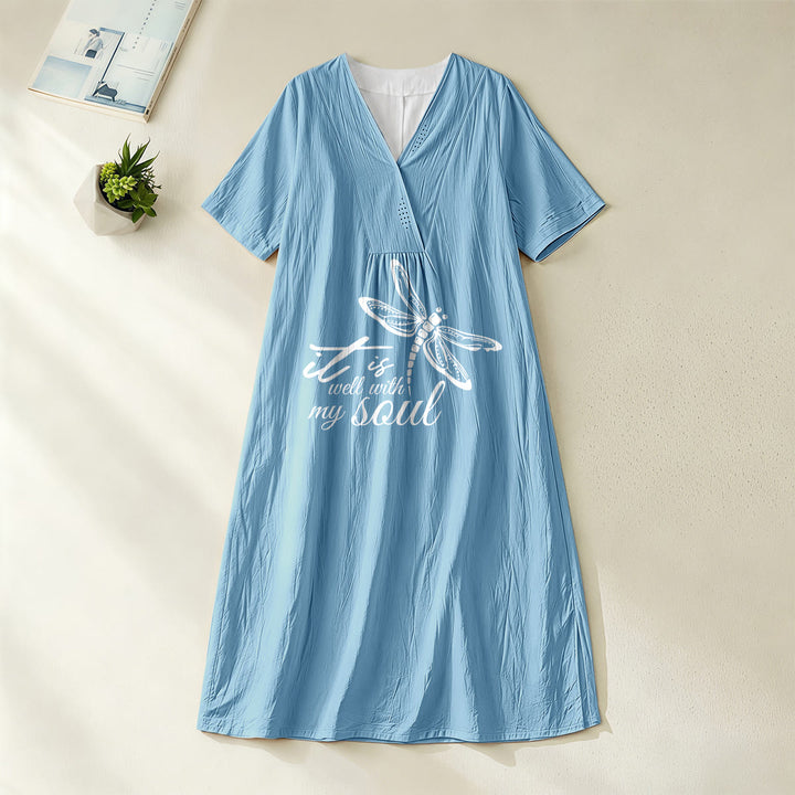 Christianartworkshop Summer Beach Faith Verse Dragonfly V-Neck Short Sleeve Midi Dress - Blue - 4XL - image 4