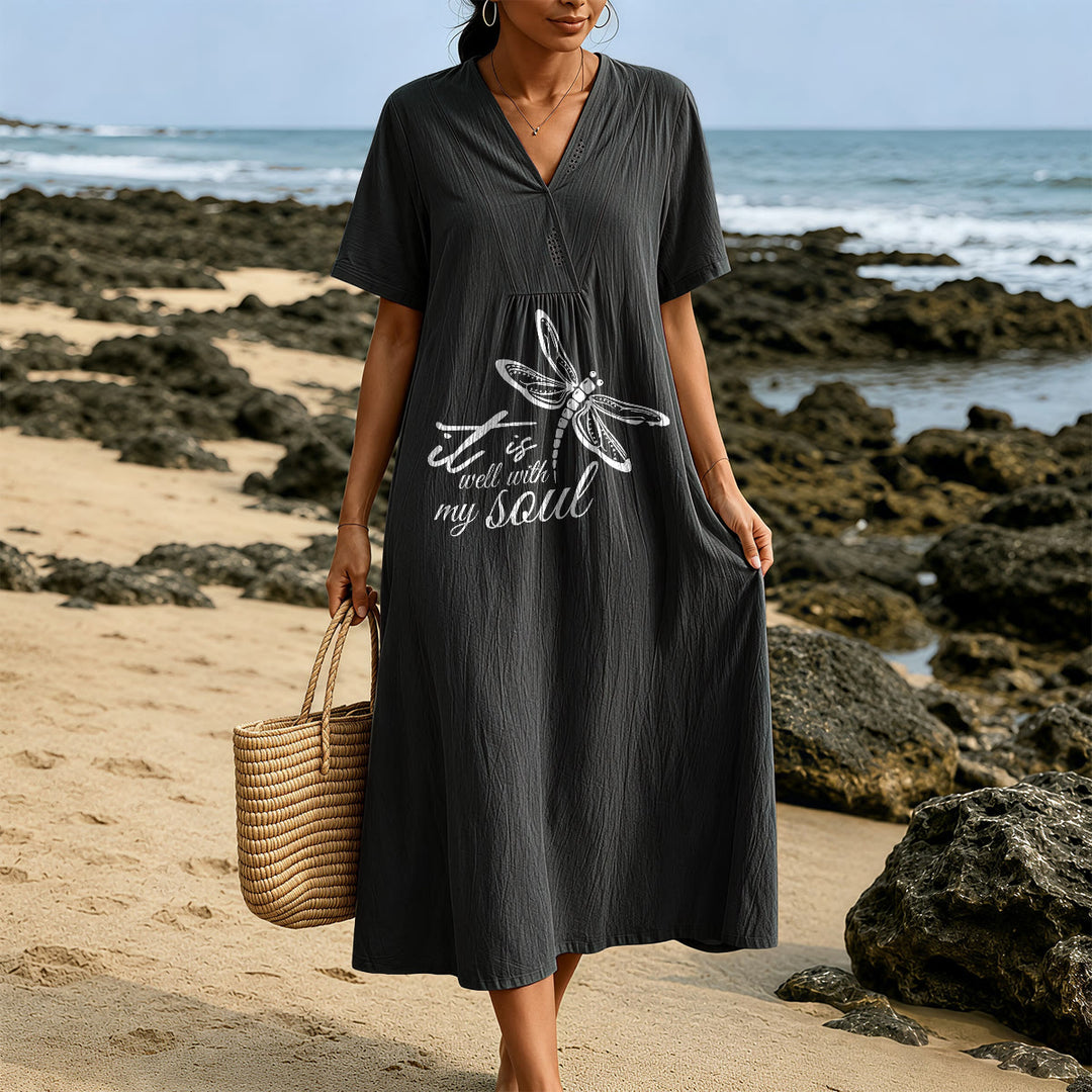Christianartworkshop Summer Beach Faith Verse Dragonfly V-Neck Short Sleeve Midi Dress - image 3