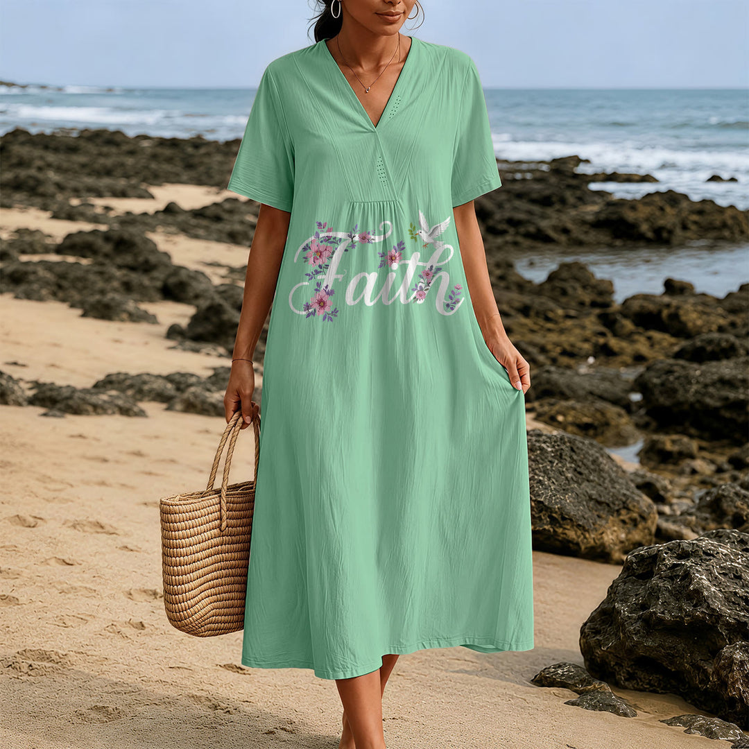 Christianartworkshop Faith Script White Dove & Blossom Print V-Neck Beach Midi Dress - image 3