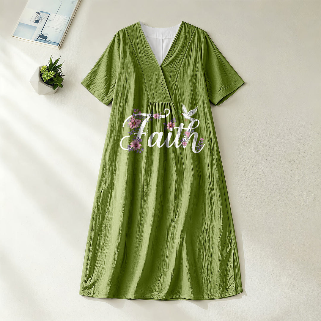 Christianartworkshop Faith Script White Dove & Blossom Print V-Neck Beach Midi Dress - Olive Green - 4XL - image 10
