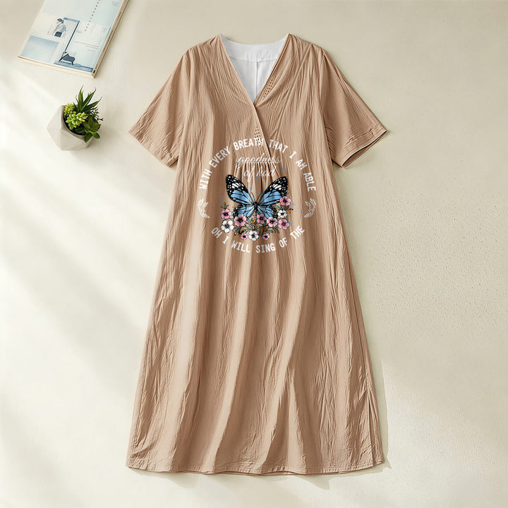 Christianartworkshop Bible Verse Butterfly & Floral Wreath V-Neck Short Sleeve Midi Dress - Khaki - 4XL - image 0