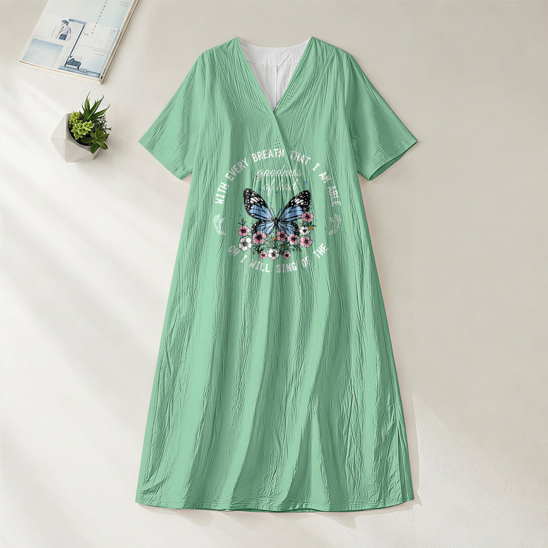 Christianartworkshop Bible Verse Butterfly & Floral Wreath V-Neck Short Sleeve Midi Dress - Green - 4XL - image 2