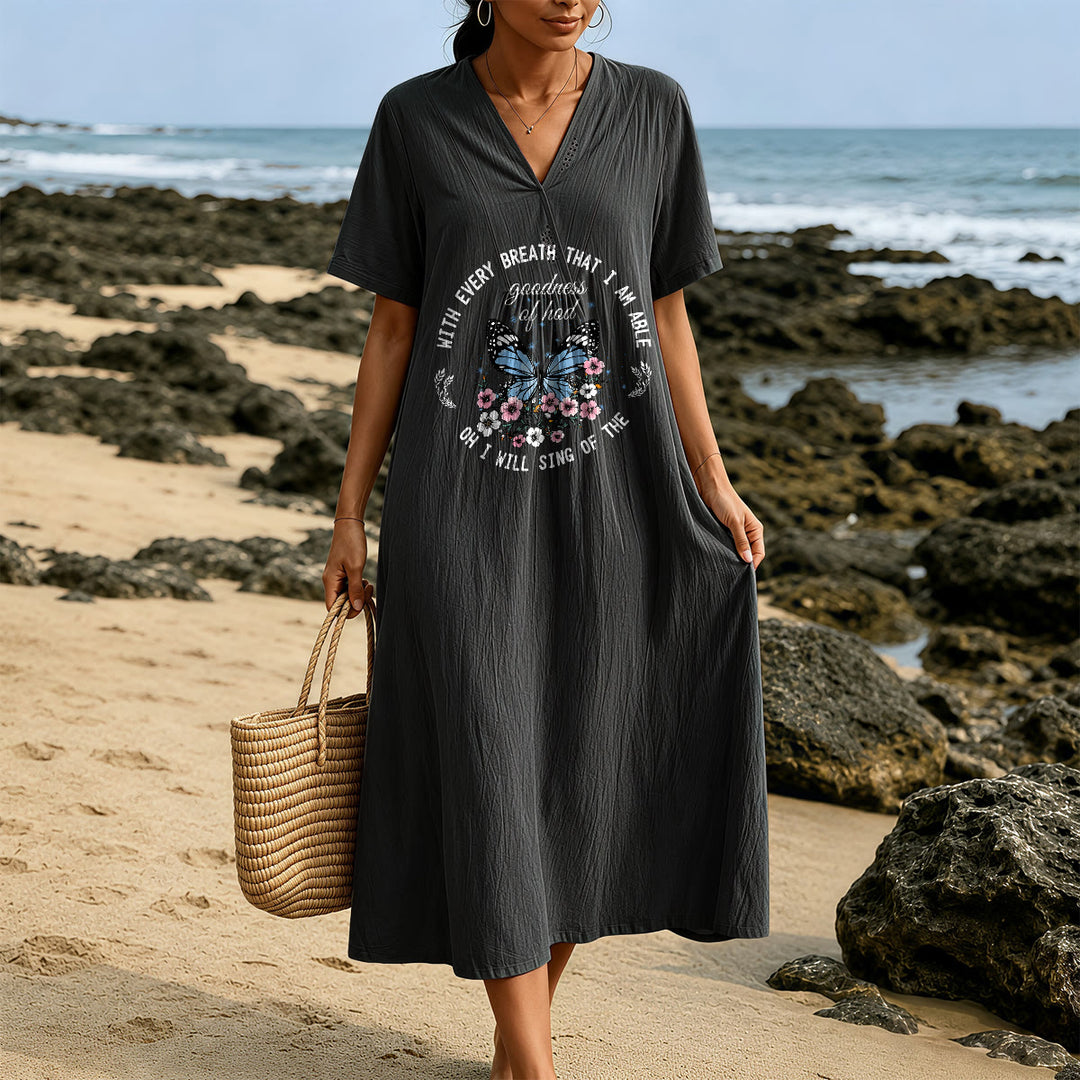 Christianartworkshop Bible Verse Butterfly & Floral Wreath V-Neck Short Sleeve Midi Dress - image 5